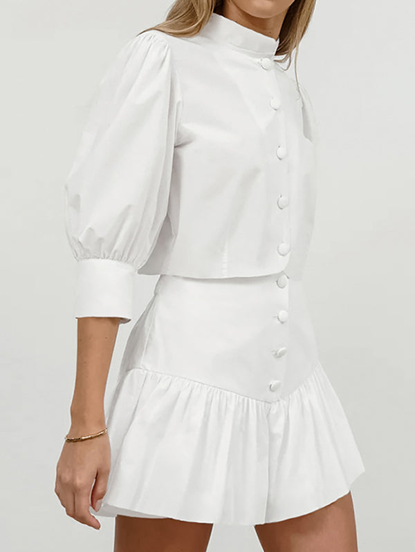 Half Sleeves Loose Buttoned Pleated Solid Color Split-Joint Stand Collar Blouses Top +  Skirts Bottom Two Pieces Set