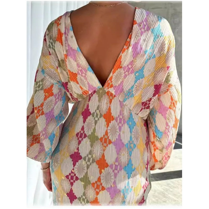Retro Maxi Dress with Deep V-Neck and Long Sleeves