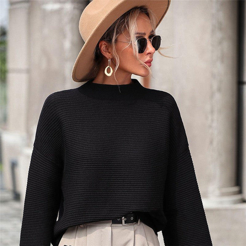 Solid Color Long Sleeve Crewneck Casual Loose Pullover Knitted Sweater