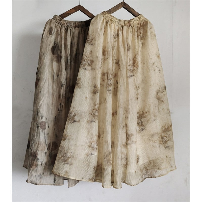 Vintage Tie-Dye Plant Ink Printed Maxi Skirt
