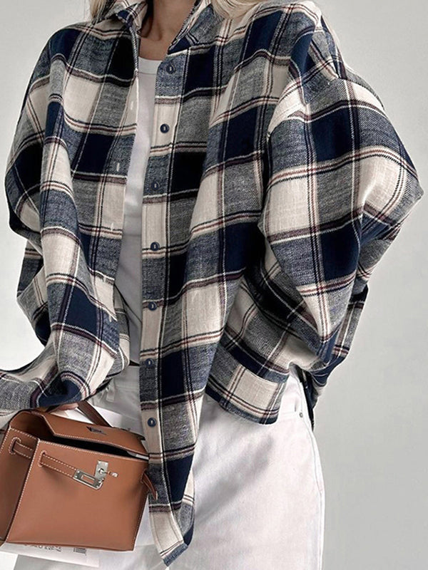 Long Sleeves Loose Plaid Split-Joint Lapel Blouses&Shirts Tops