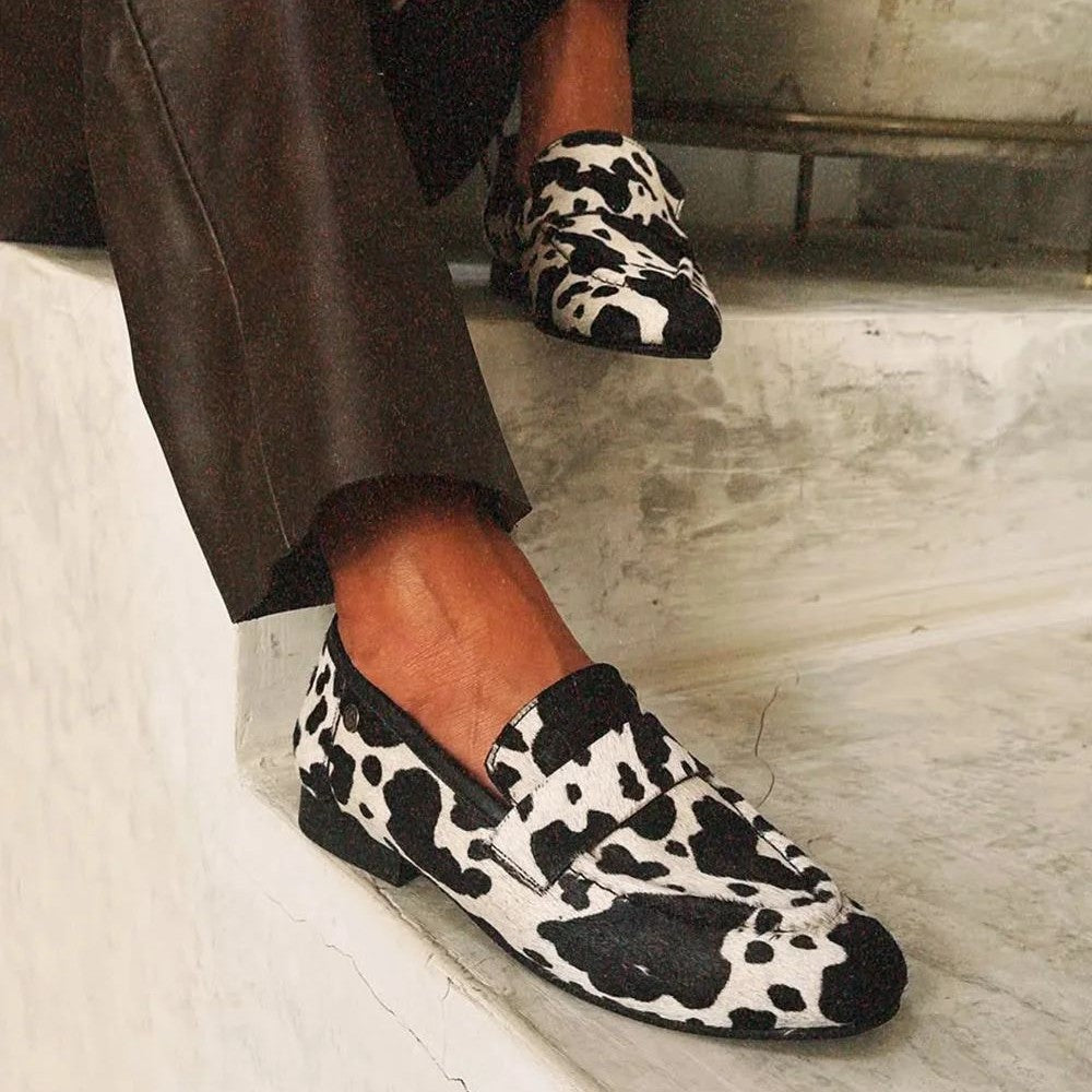 Women's Round-Toe Cow Print Rhinestone Slip-On Shoes | Chunky Low Heel Dress Shoes