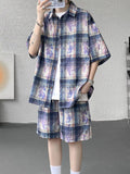 Men's Plus Size Casual Plaid Print Shirt & Shorts Set