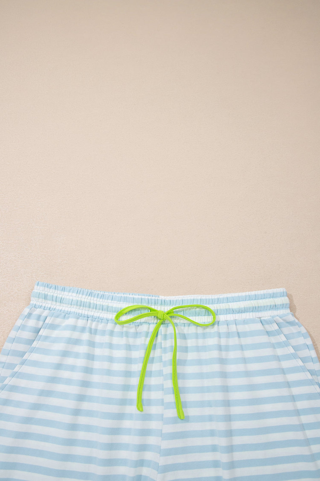 Sky Blue Stripe Contrast Neck Loose Tee and Drawstring Shorts Set