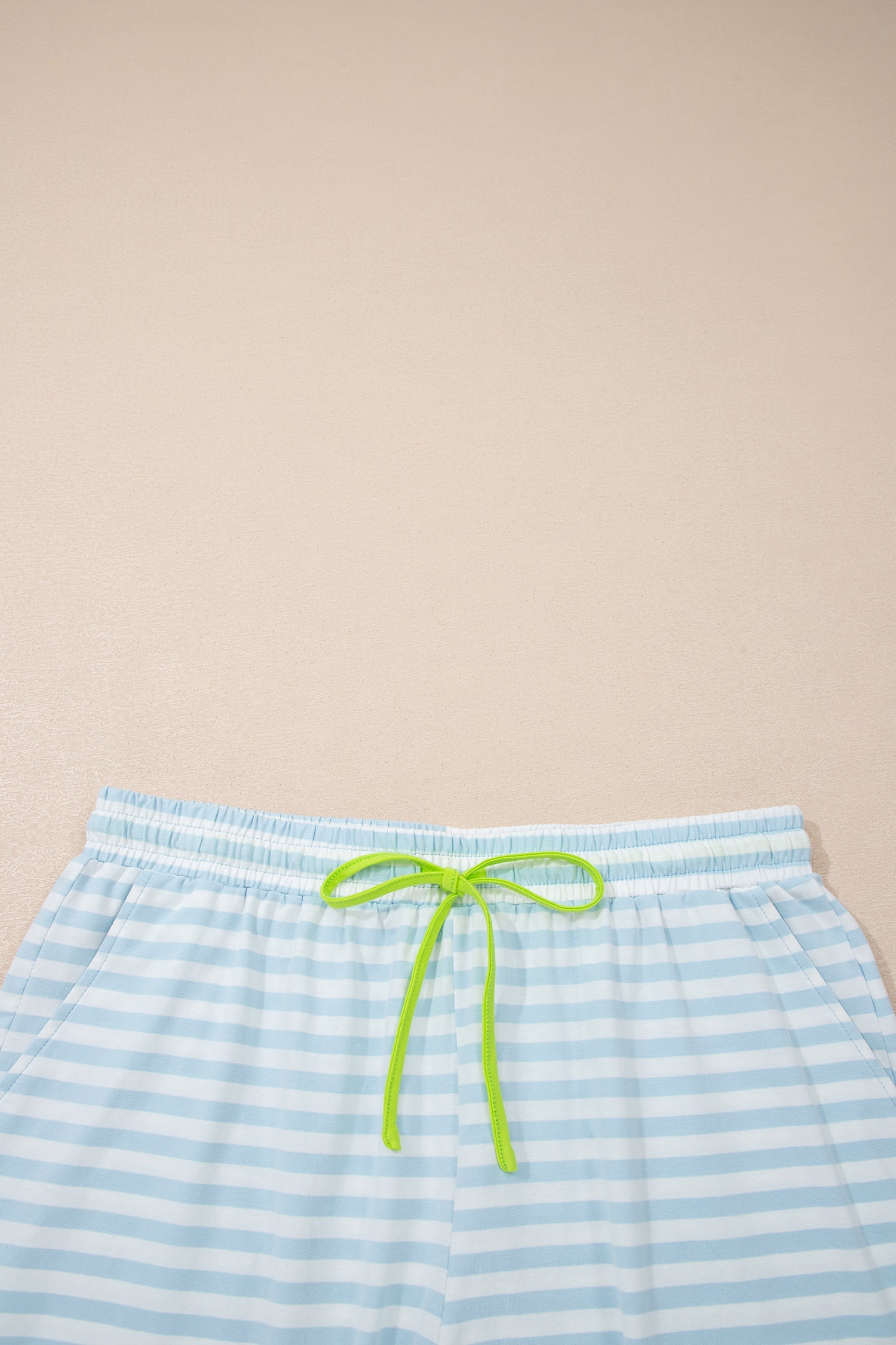 Sky Blue Stripe Contrast Neck Loose Tee and Drawstring Shorts Set