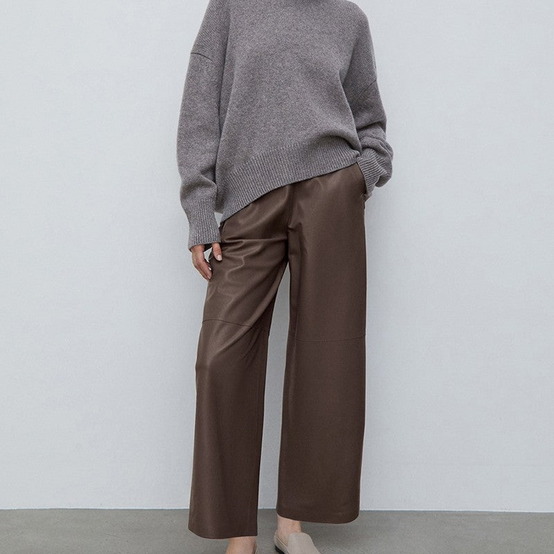 High Waisted Solid Color Straight Leg Faux Leather Pants