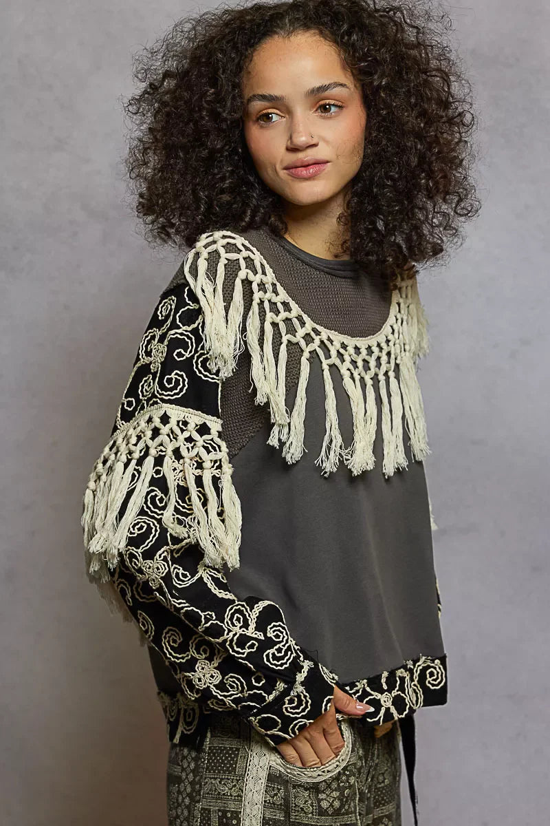 Contrast Floral Embroidery Balloon Sleeve Top with Tassel Trim