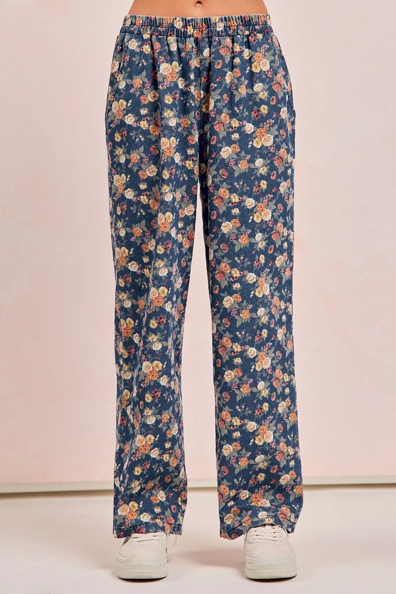 Washed Floral Print Wide Leg Jeans