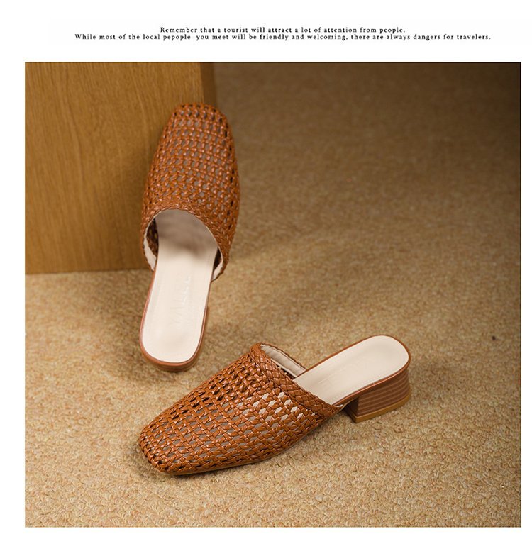 Women's Woven Square Toe Sandals - Casual Summer Flats with Synthetic Leather Upper