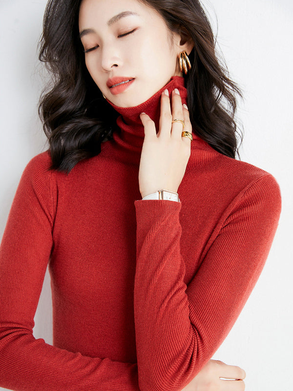 Simple Skinny Long Sleeves Solid Color High-Neck Sweater Tops Pullovers