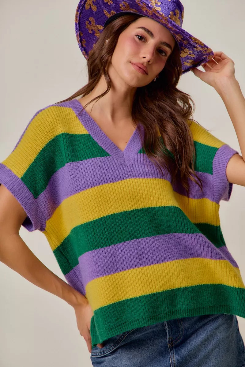 Mardi Gras Loose Fit V Neck Stripe Sweater Top