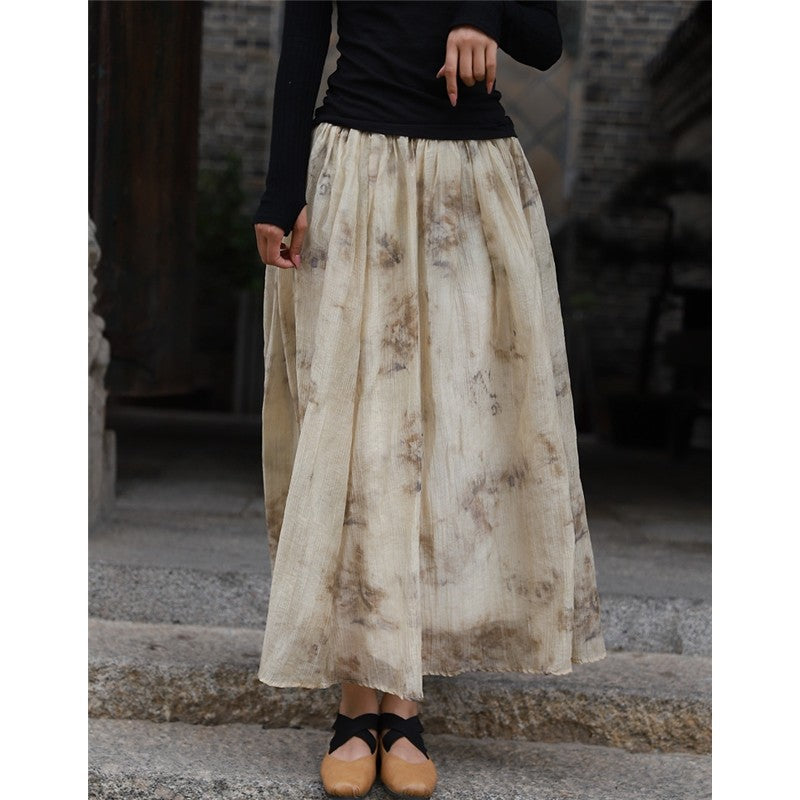 Vintage Tie-Dye Plant Ink Printed Maxi Skirt