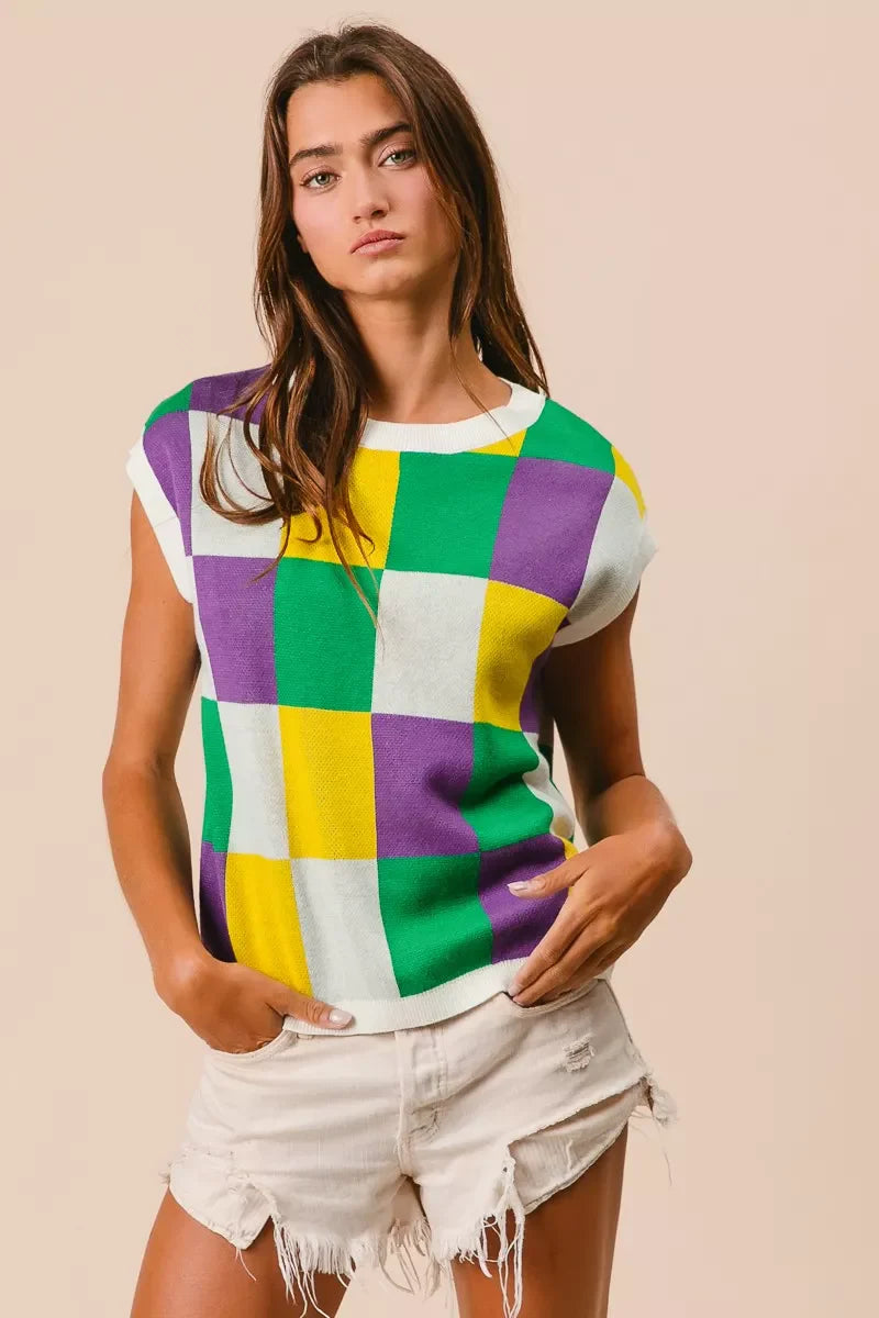 Mardi Gras Checker Pattern Sleeveless Sweater Top