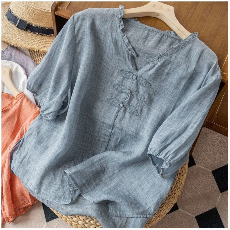 Embroidered Loose Fit V-Neck Short Sleeve T-Shirt