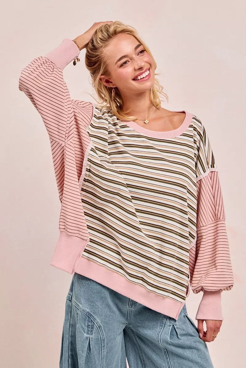 Stripe Mixed Top With Cut Edge And Reverse Outseam