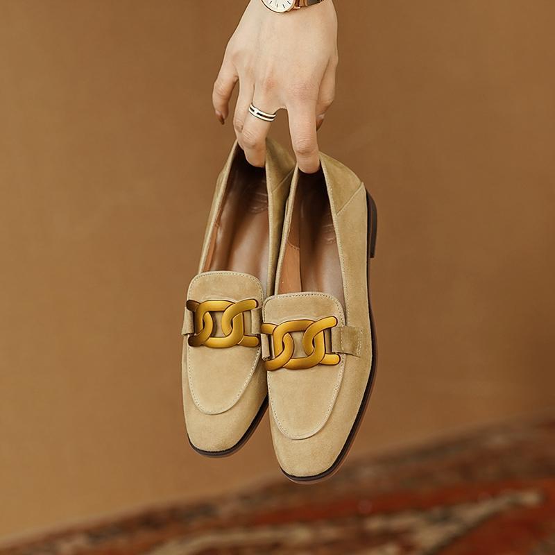 Women's Retro Metal Buckle Slip-On Loafers - Chunky Heel Platform Flats