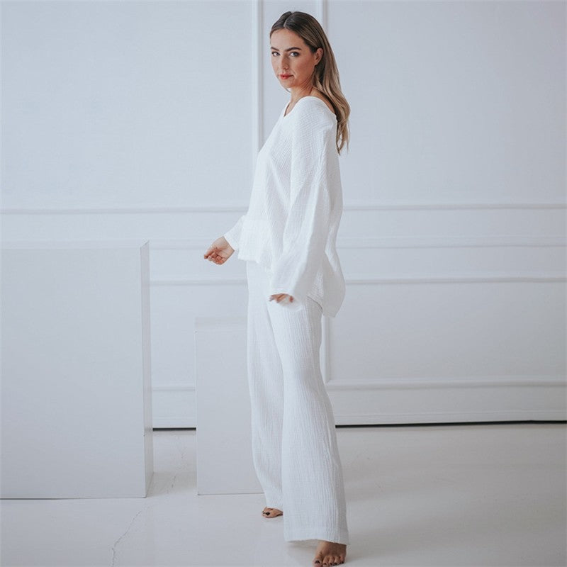 White Long-Sleeve Long Pants Pajama Set