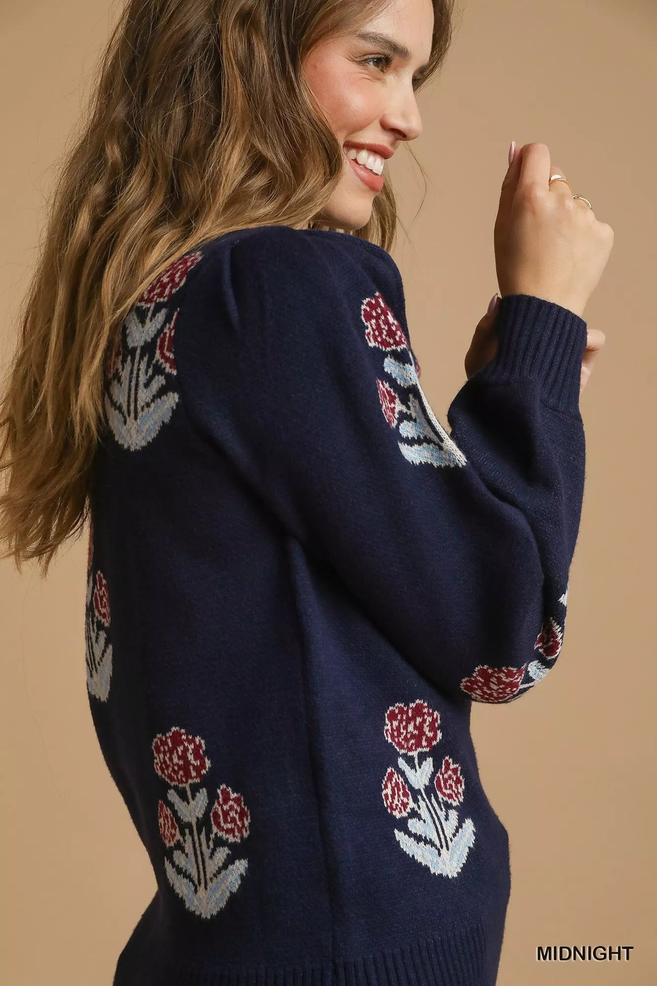 Floral Knit Sweater with Puff Sleeves