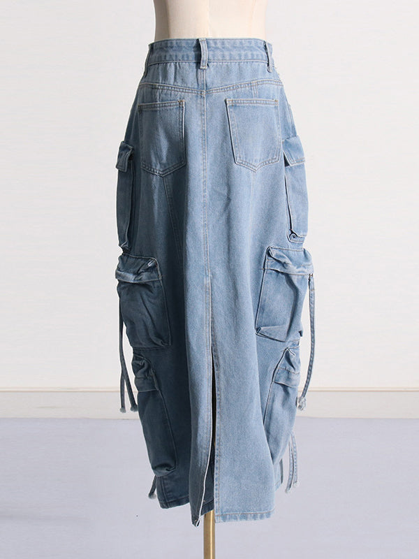 High Waisted Loose Buckle Split-Back Split-Joint Streamer Zipper Skirts