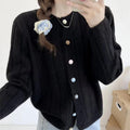 Solid Color Long Sleeve Crewneck Buttoned Cardigan Sweater