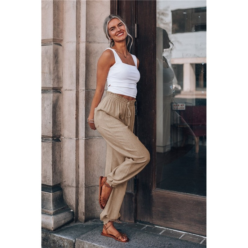 Solid Color Elastic Waist Drawstring Casual Harem Pants