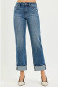 Full Size 4 Way Stretch Slouchy Straight Jeans with Cuffed Hem Plus Size