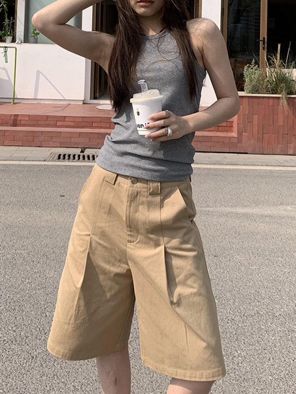 High Waisted Loose Pleated Solid Color Half Pants Shorts Bottoms