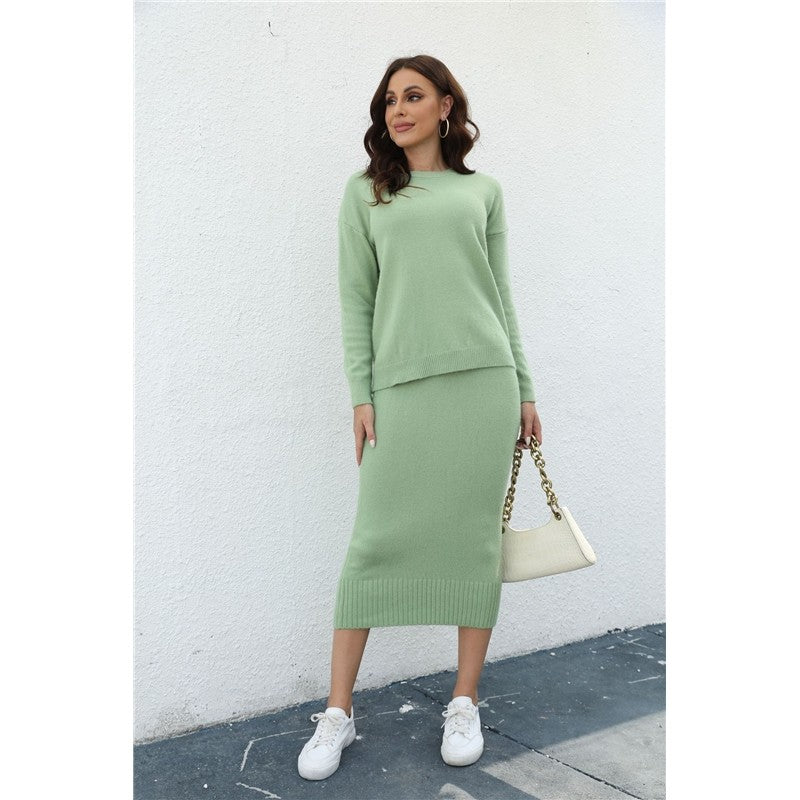 Solid Color Long Sleeve Crewneck Sweater and Skirt Set