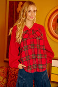 Plaid Buttoned Collared Top with Sweater Sleeve