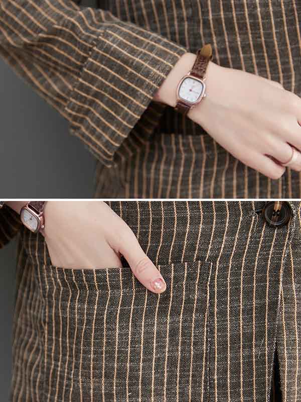 Vintage Ramie Cotton Notched Collar One Button Suits+Column Pants 2 Pieces Set