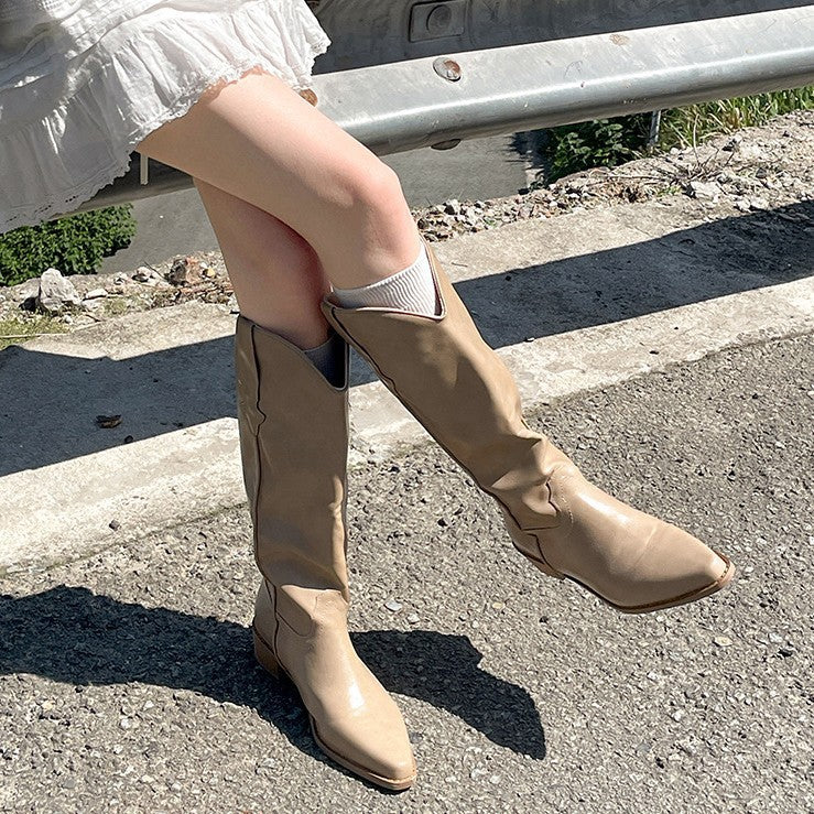 Women's Retro Western Cowboy Boots - Chunky Heel Pointed Toe Mid-Calf Boots with Side Zipper
