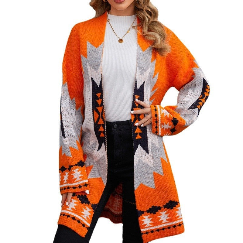 Long Halloween Jacquard Color Block Knit Cardigan