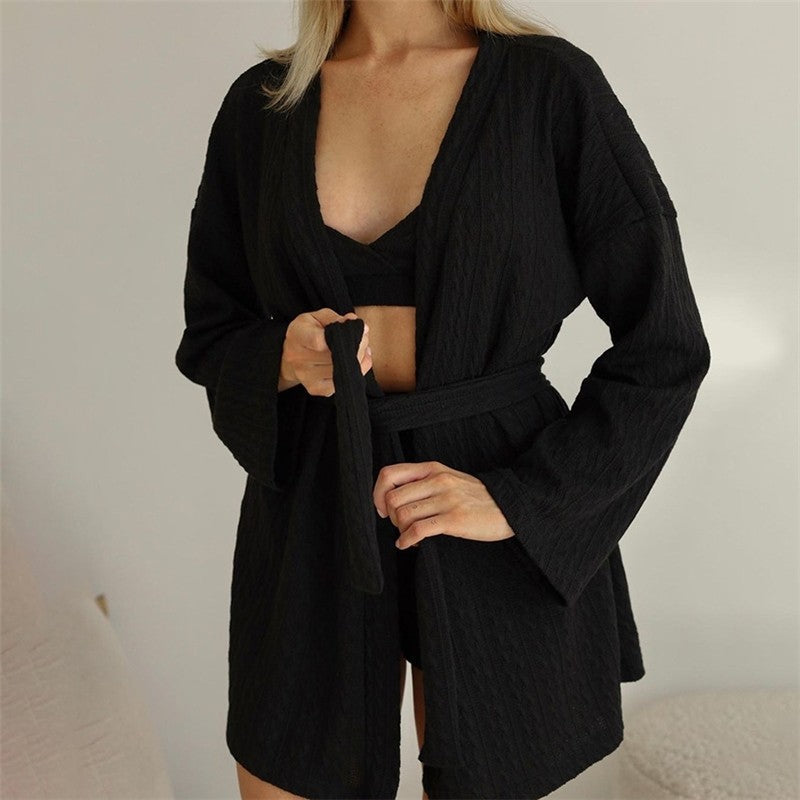 Knitted Bralette, Waist-Tied Cardigan, and Shorts Set - Solid Color Loungewear
