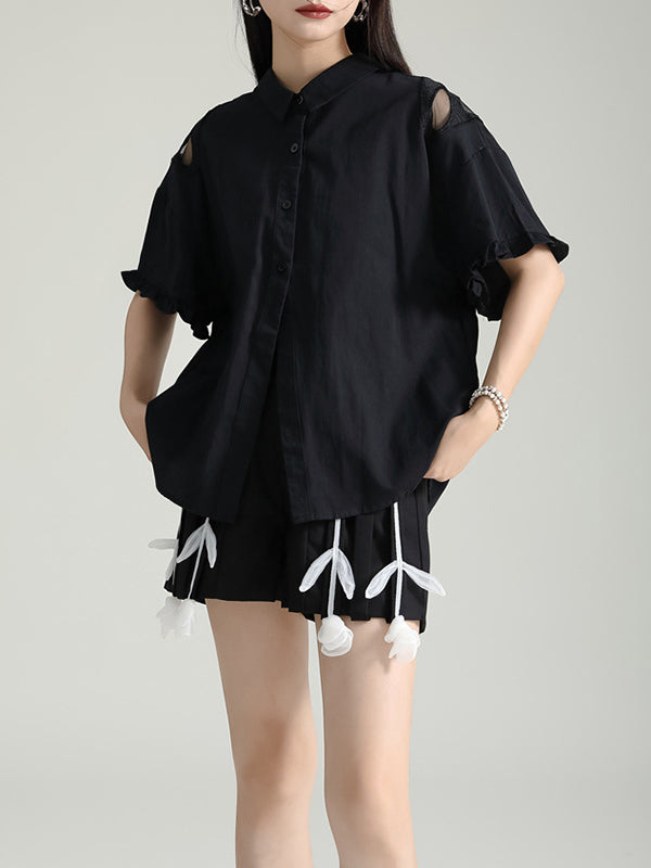 Half Sleeves Loose Buttoned Mesh Reversible See-Through Split-Back Split-Joint Lapel Blouses&Shirts Tops