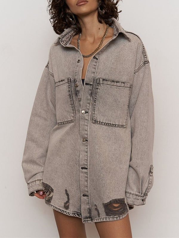 Long Sleeves Loose Buttoned Hollow Pockets Split-Joint Lapel Jackets