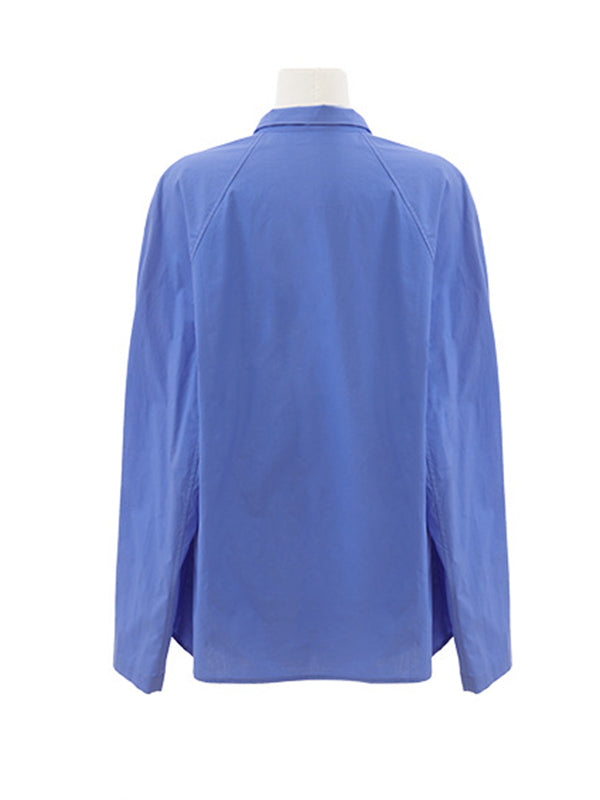 Long Sleeves Loose Solid Color Split-Joint Streamer High Neck Blouses