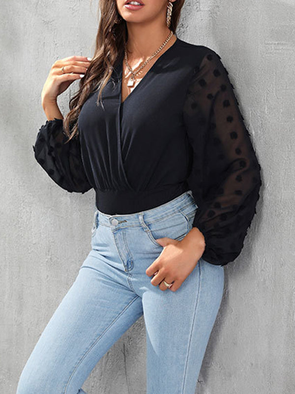 High Waisted Puff Sleeves Jacquard Pleated See-Through Solid Color Split-Joint V-Neck Bodysuits