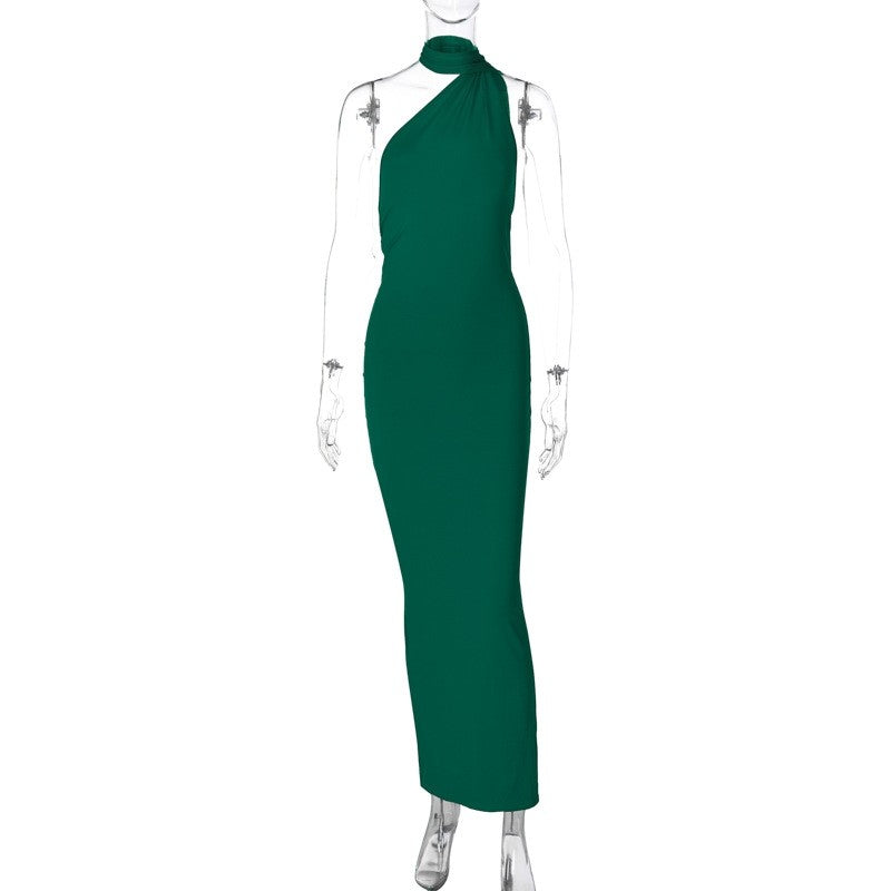 Solid Color Sleeveless Dress with Backless Design and Pleated Detailing