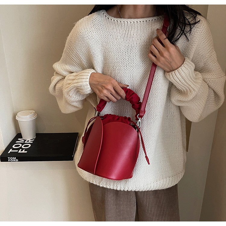 Women's PU Leather Bucket Tote Crossbody Bag – Pleated Oval Shoulder Bag