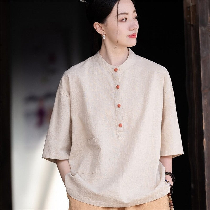 Stand Out in Style with our Solid Color Stand Collar Button-Up Short Sleeve Shirt
