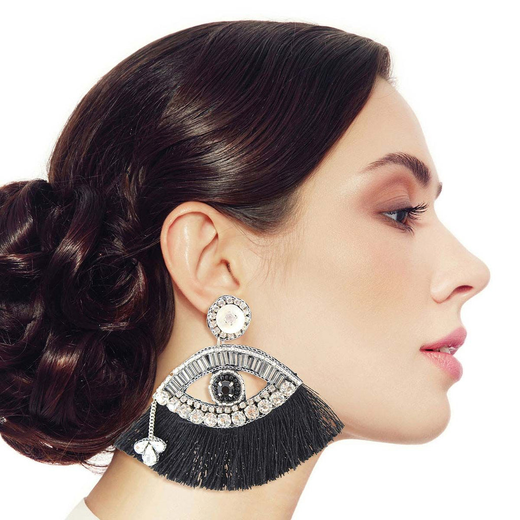 Statement Black Tassel Rhinestone Eye Earrings – Trendy Fashion Jewelry