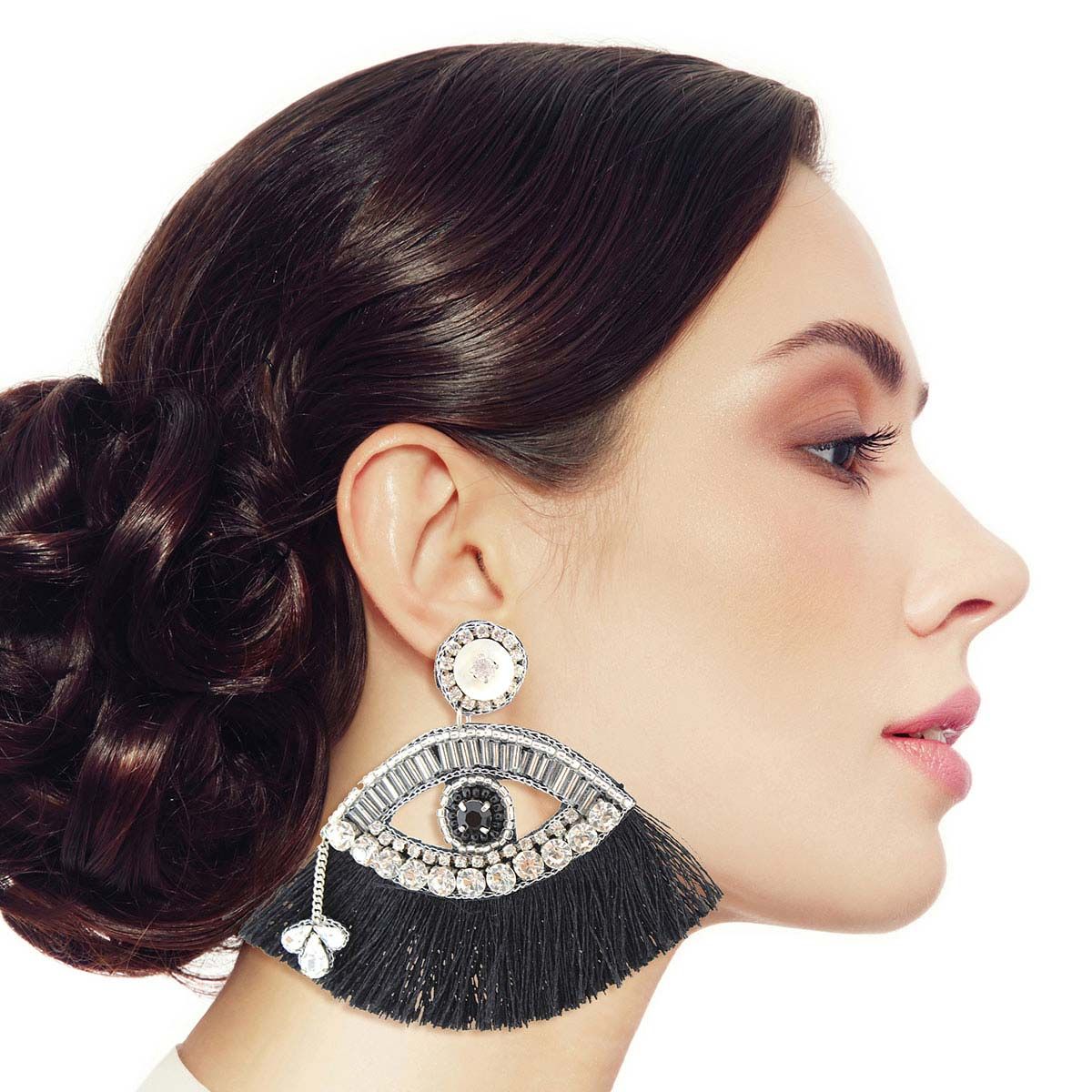 Statement Black Tassel Rhinestone Eye Earrings – Trendy Fashion Jewelry