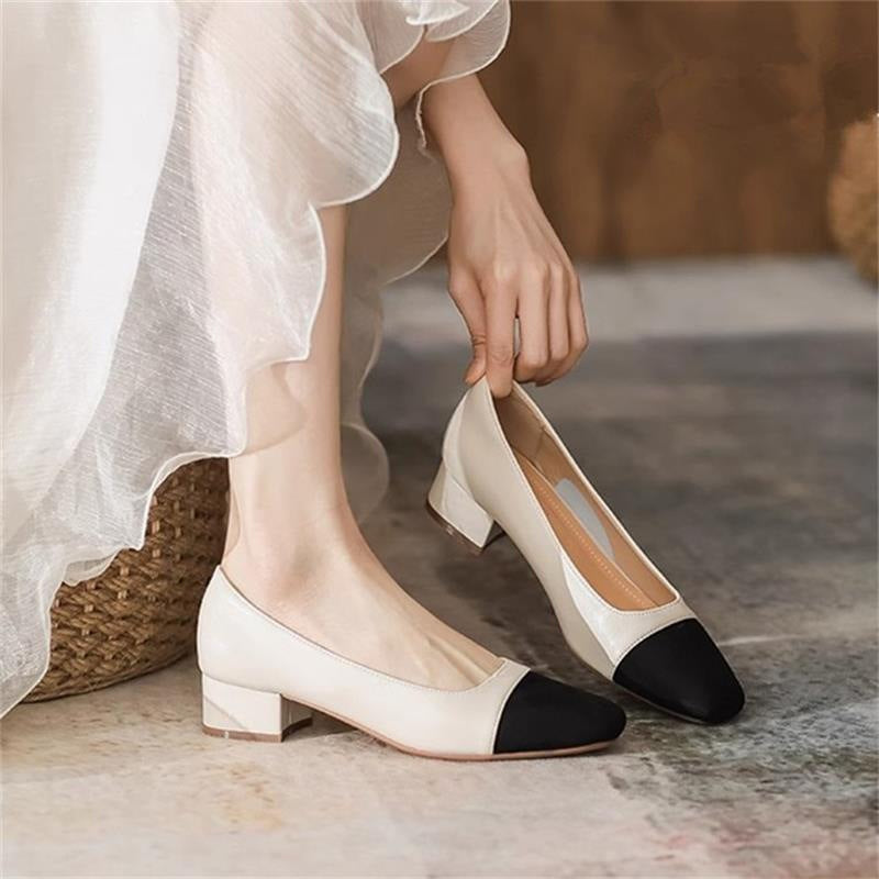 Women's French-Style Chunky Heel Square Toe Pumps - Soft PU Leather Slip-On Casual Shoes