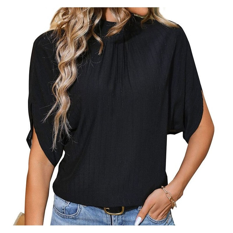 Chic Stand Collar Batwing Sleeve Black Blouse