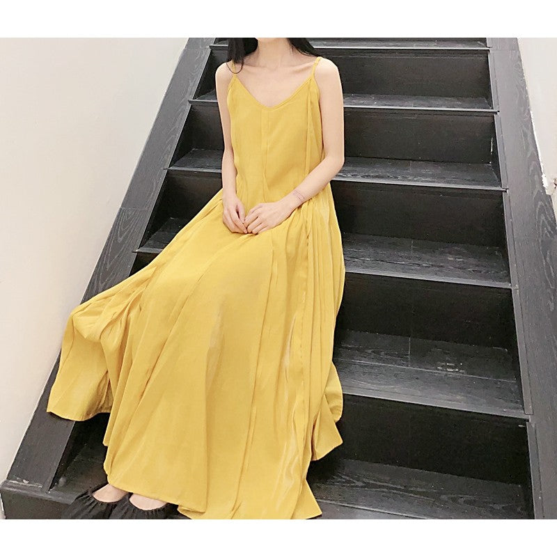 Solid Color Spaghetti Strap Sleeveless A-Line Maxi Dress with Full Hem