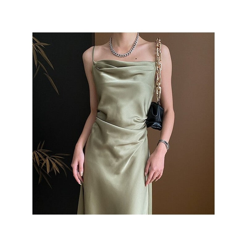 Solid Color Satin Waistband Sling Dress with Figure-Flattering Silhouette
