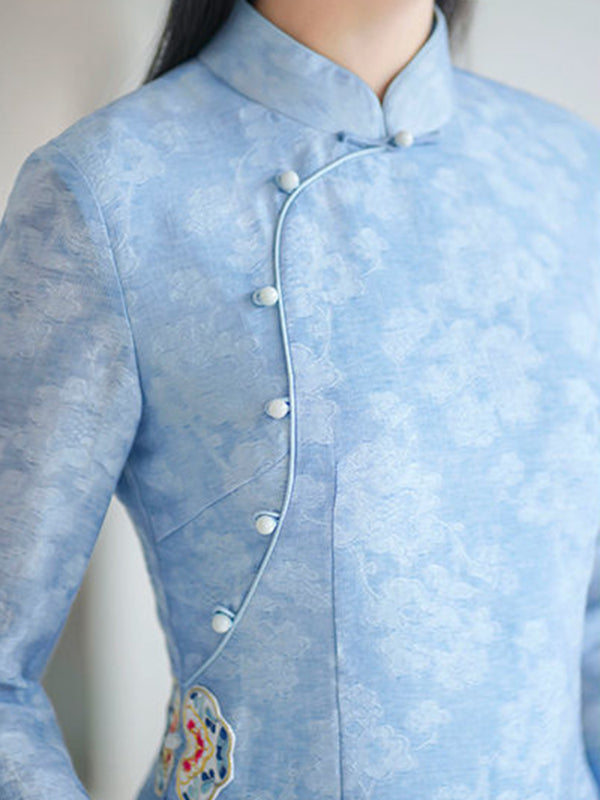 Fashion Vintage Light Blue Jacquard Long Cheongsams