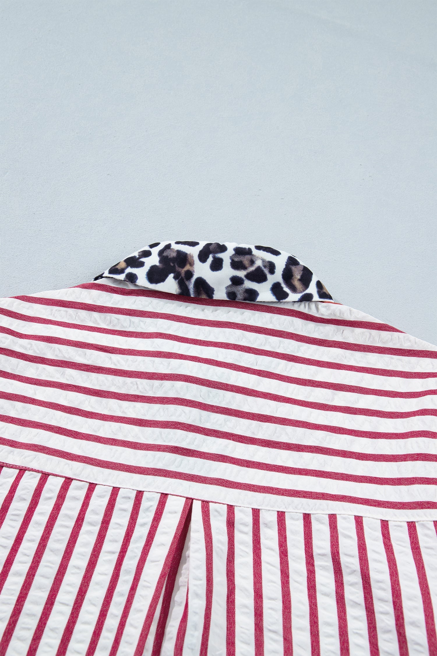 Red Stripe Leopard Contrast Trim Half Button Blouse