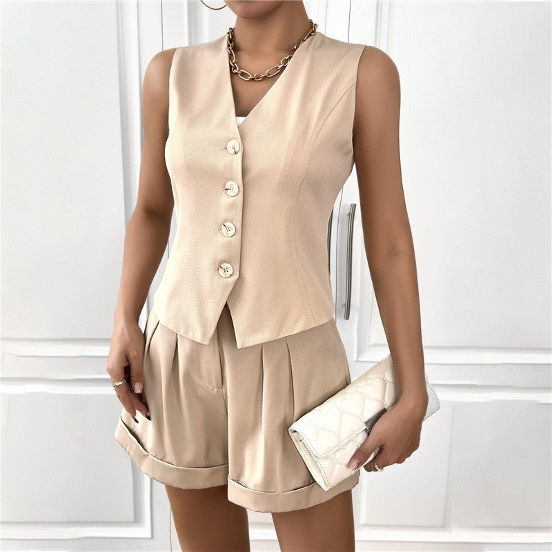 Sleek V-Neck Sleeveless Vest and Shorts Set