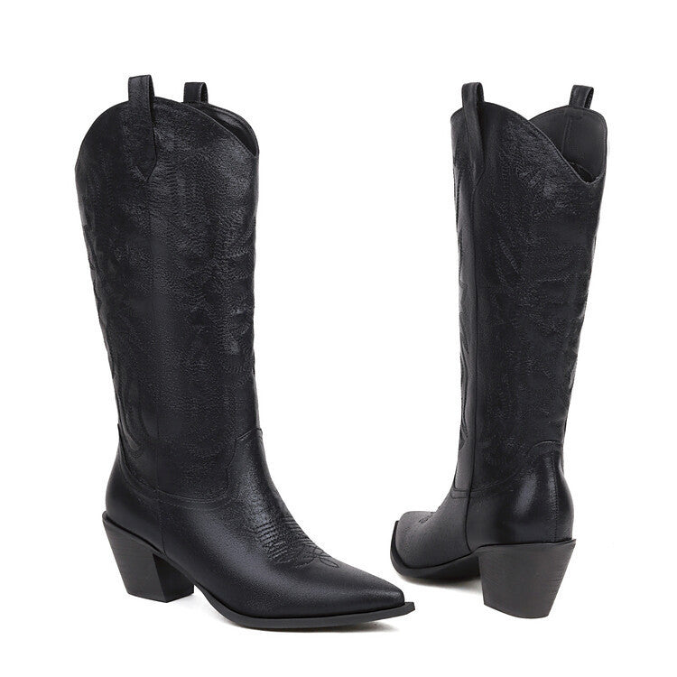 Women's Tall Western Boots – Embroidered Sequin Chunky Heel High Boot | Black, White & Pink